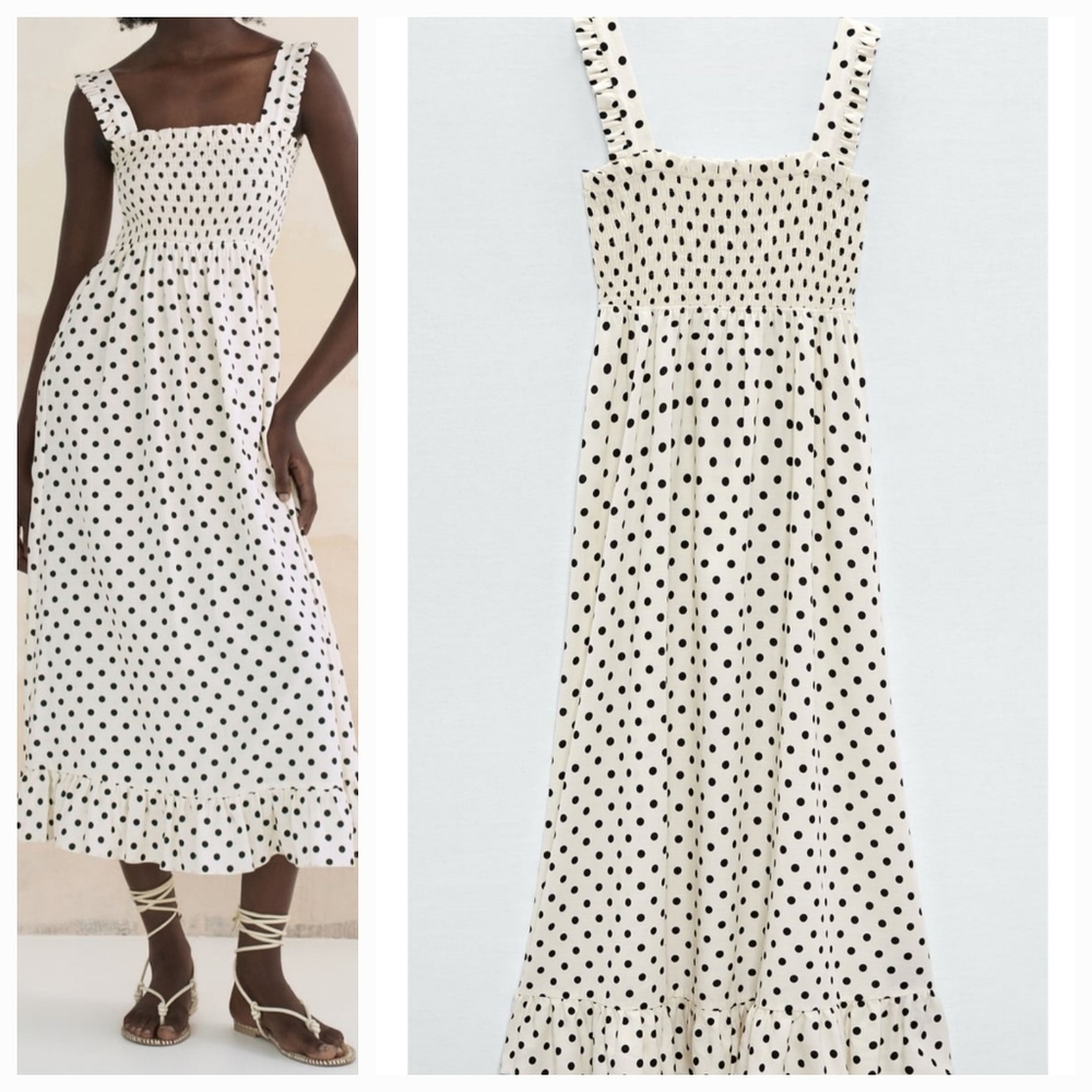 Zara Polka Dot Smocked Sundress Beige & Black Size Large but will fit XL